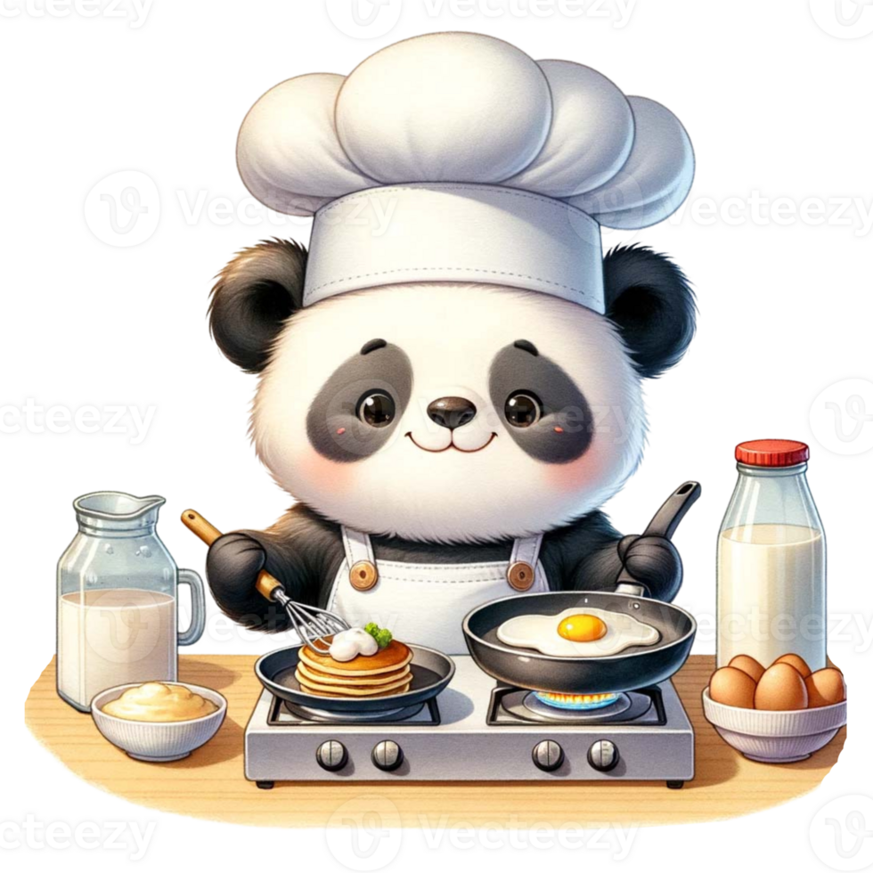 AI generated Panda Chef cooking breakfast, with pancake and egg watercolor Clipart AI Generate png