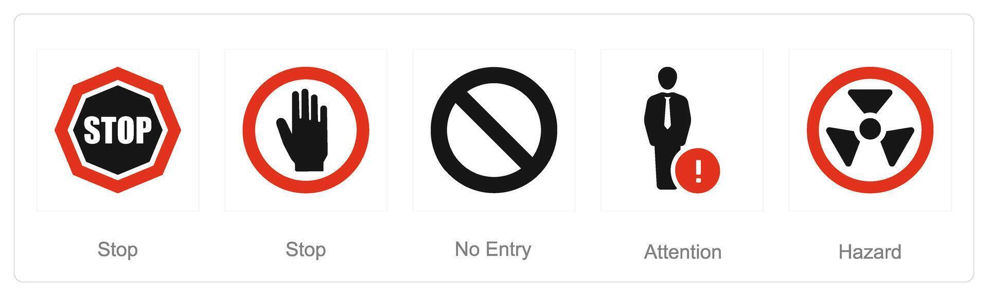 A set of 5 Hazard Danger icons as stop, no entry, attention vector