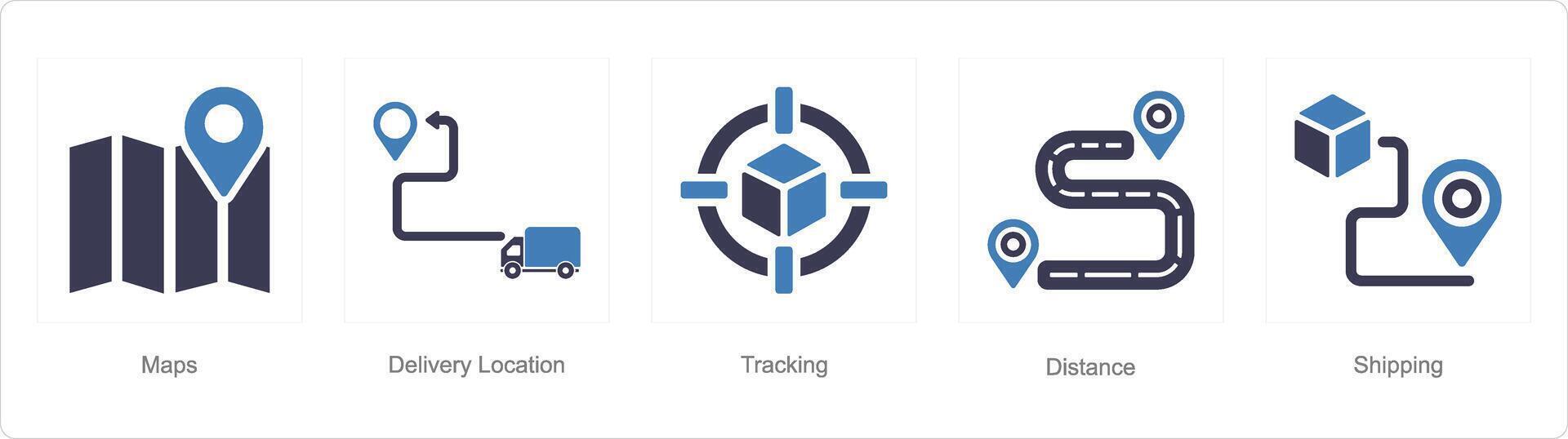 A set of 5 delivery icons as maps, delivery location, tracking vector