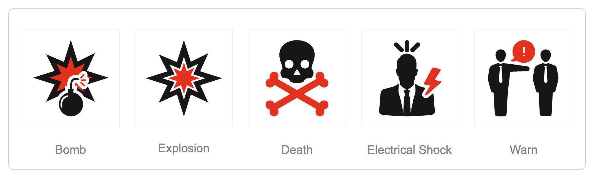 A set of 5 Hazard Danger icons as bomb, explosion, death, electrical shock vector