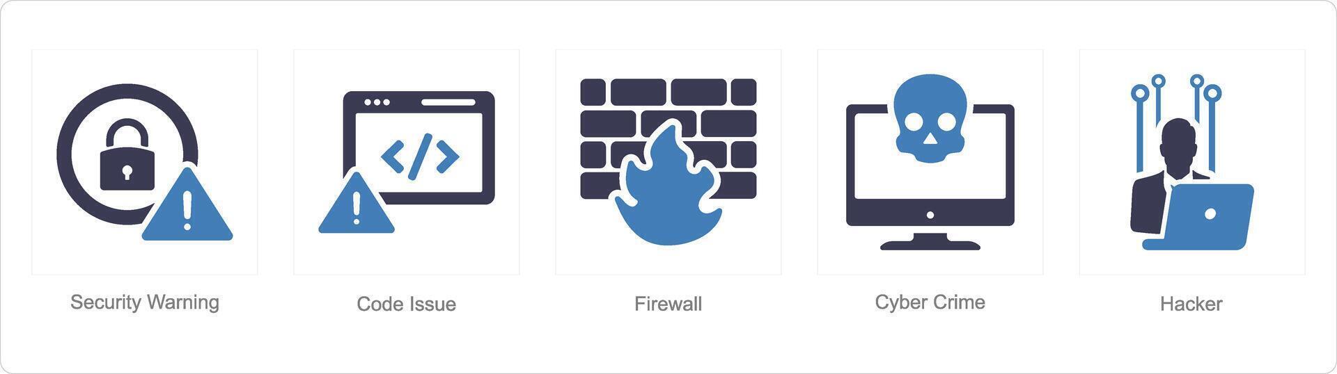 A set of 5 Cyber Security icons as security warning, code issue, firewall vector