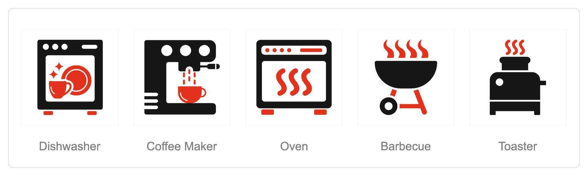 A set of 5 Home Appliance icons as dishwasher, coffee maker, oven vector