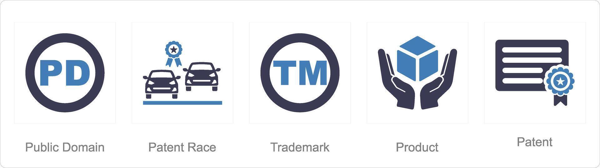 A set of 5 Intellectual Property icons as public domain, patent race, trademark vector