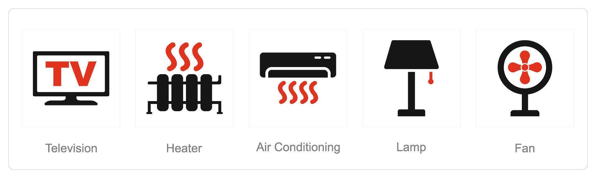 A set of 5 Home Appliance icons as television, heater, air conditioning vector
