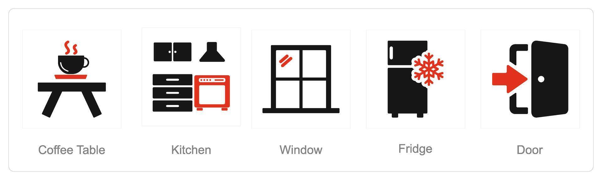 A set of 5 Home Interior icons as coffee table, kitchen, window vector