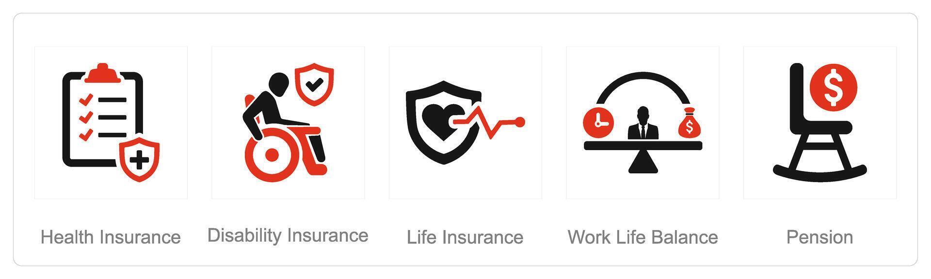 A set of 5 Employee Benefits icons as health insurance, disability insurance, life insurance vector