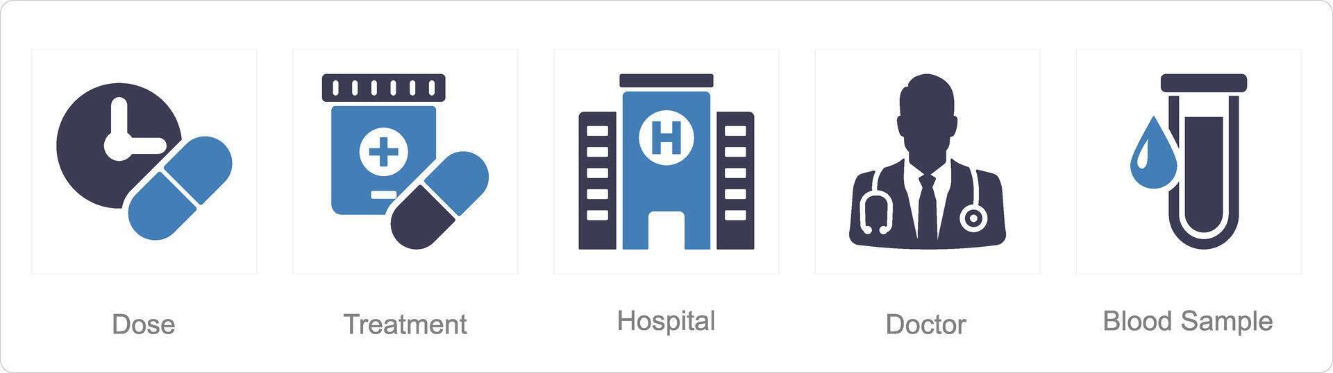 A set of 5 Health Checkup icons as dose, treatment, hospital vector