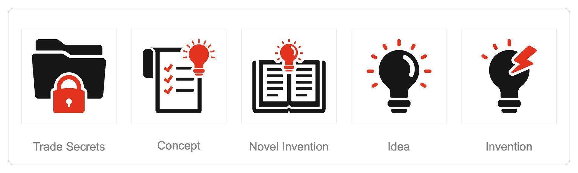 A set of 5 Intellectual Property icons as trade secrets, novel invention, idea vector