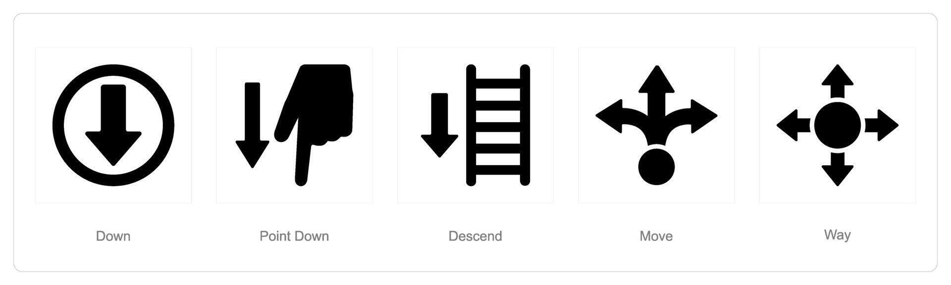 un conjunto de 5 5 dirección íconos como abajo, punto abajo, descender vector