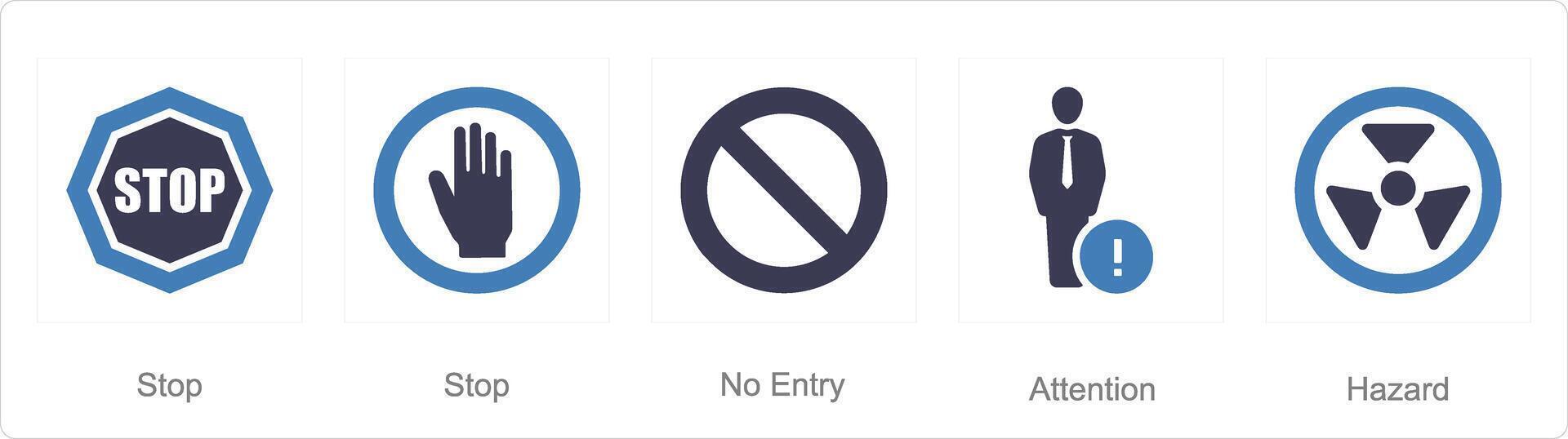 un conjunto de 5 5 peligro peligro íconos como detener, No entrada, atención vector