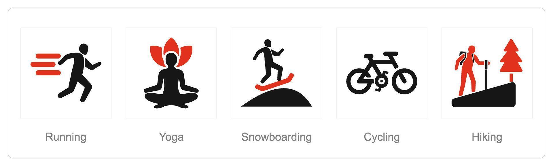 A set of 5 Hobby icons as running, yoga, snowboarding vector