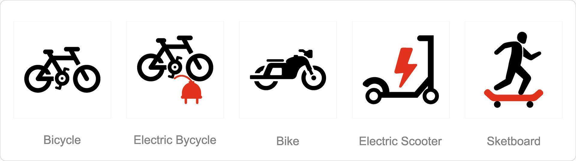 A set of 5 Mix icons as bicycle, electric bicycle, bik vector