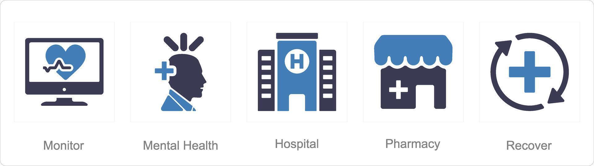 A set of 5 Health Checkup icons as monitor, mental health, hospital vector