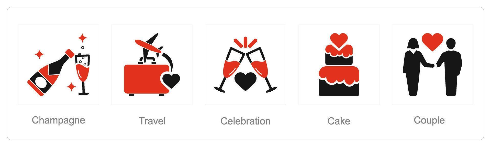 A set of 5 Honeymoon icons as champagne, travel, celebration vector