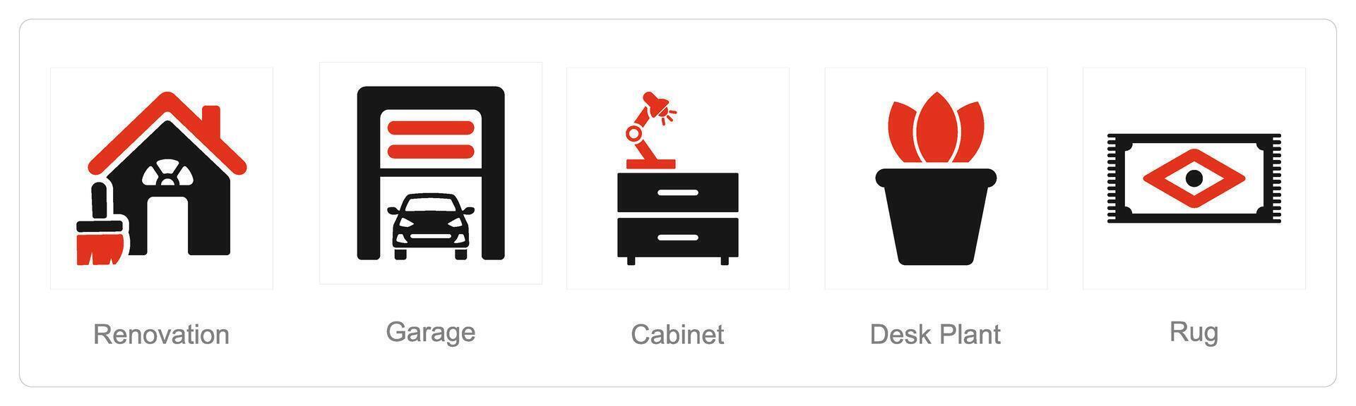 A set of 5 Home Interior icons as renovation, garage, cabinet vector