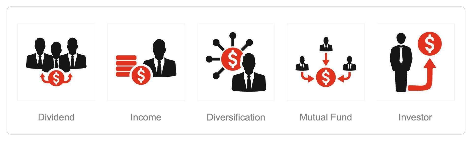 A set of 5 Investment icons as dividend, income, diversification vector