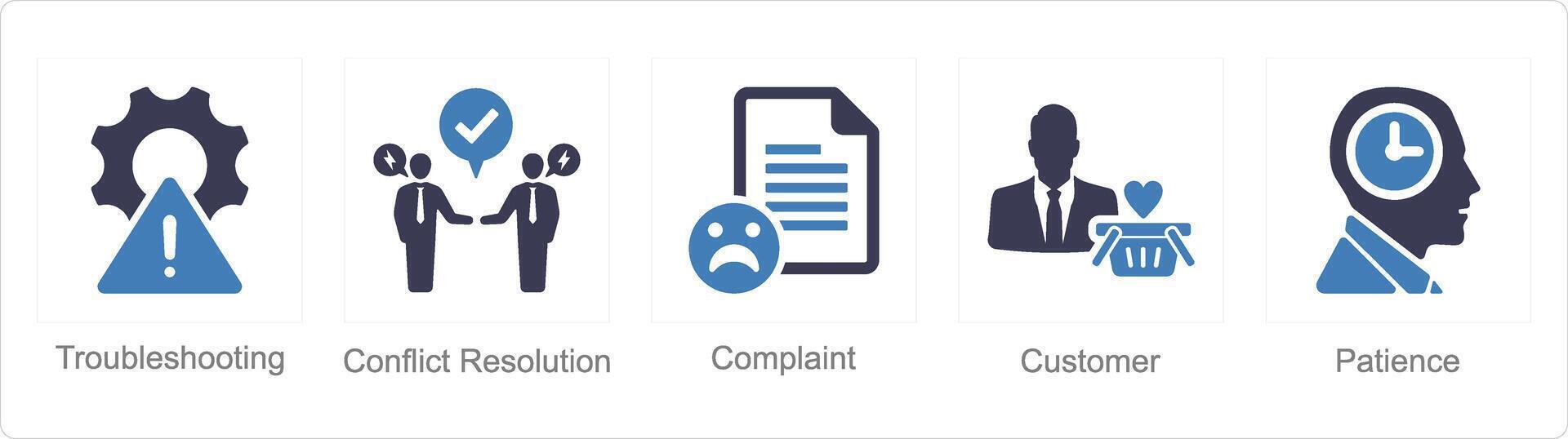 A set of 5 Customer service icons as troubleshooting, conflict resolution, complaint vector