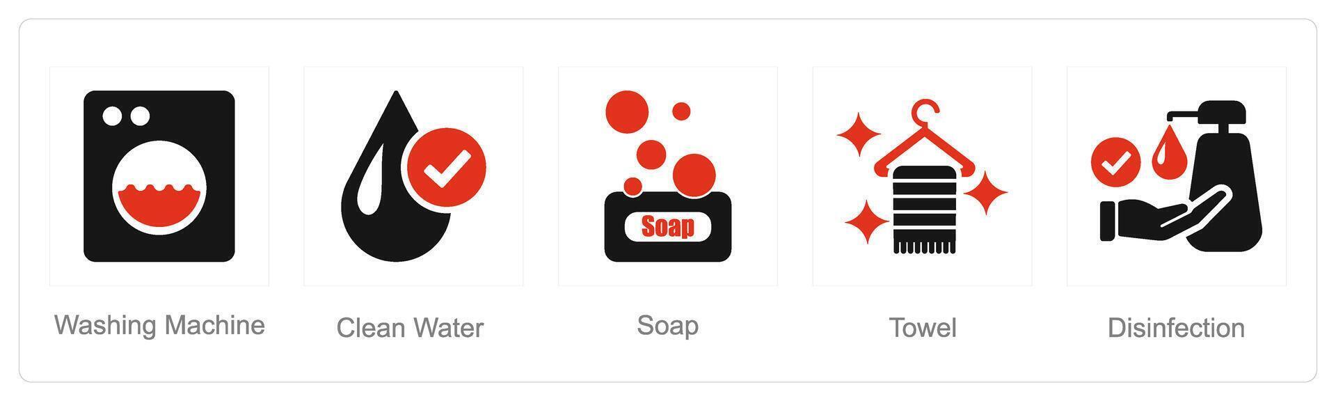 A set of 5 Hygiene icons as washing machine, clean water, soap vector