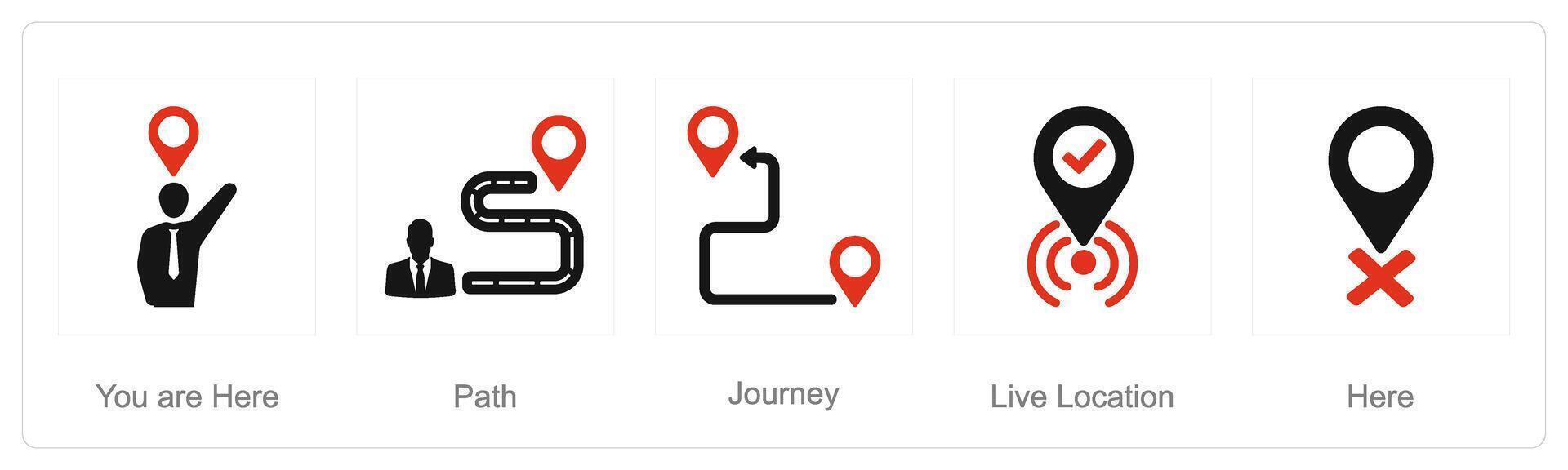 un conjunto de 5 5 ubicación íconos como usted son aquí, camino, viaje vector