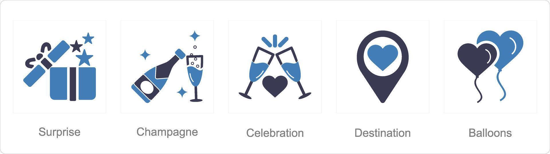 A set of 5 Honeymoon icons as surprise, champagne, celebration vector