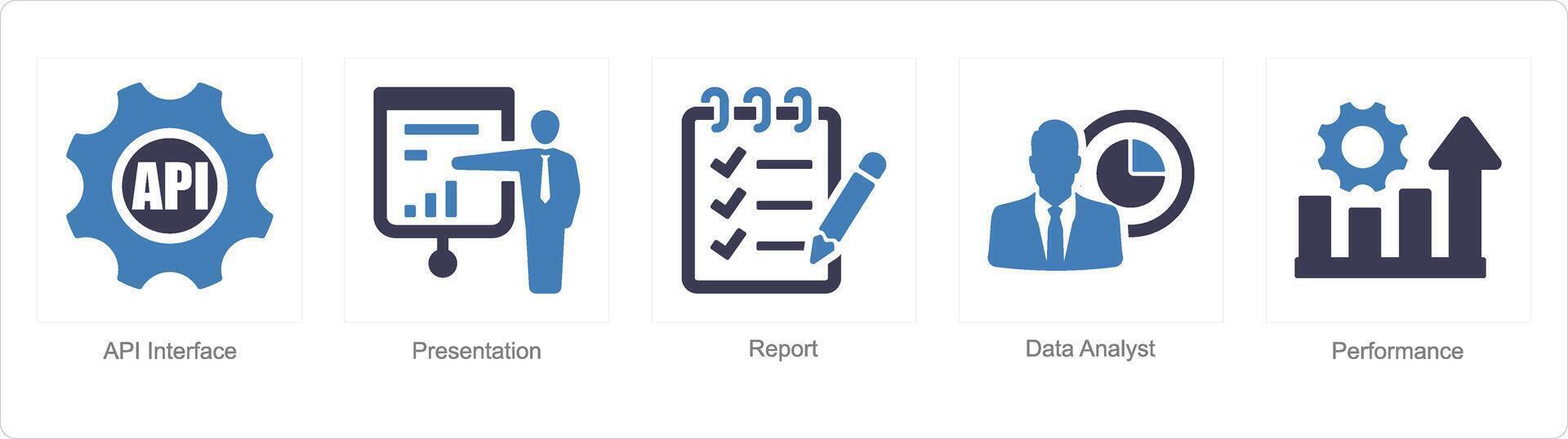 A set of 5 Data analysis icons as api interface, presentation, report ...