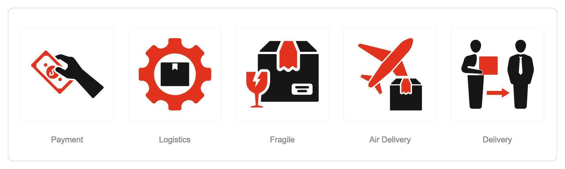 A set of 5 delivery icons as parcel, fragile, delivery process vector