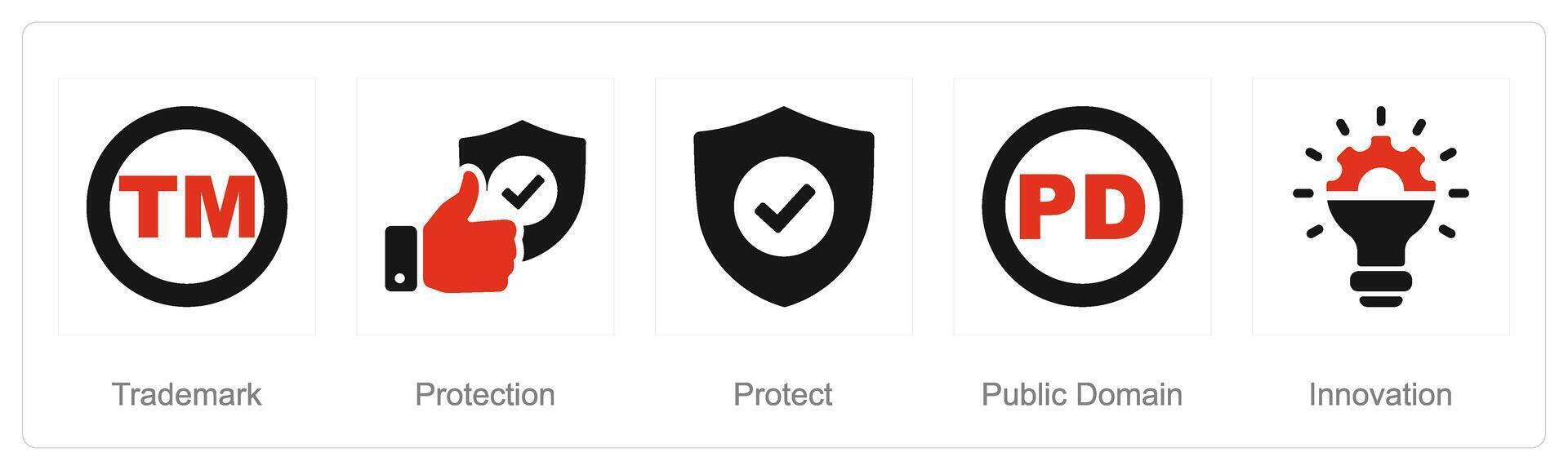 A set of 5 Intellectual Property icons as trademark, protection, product vector