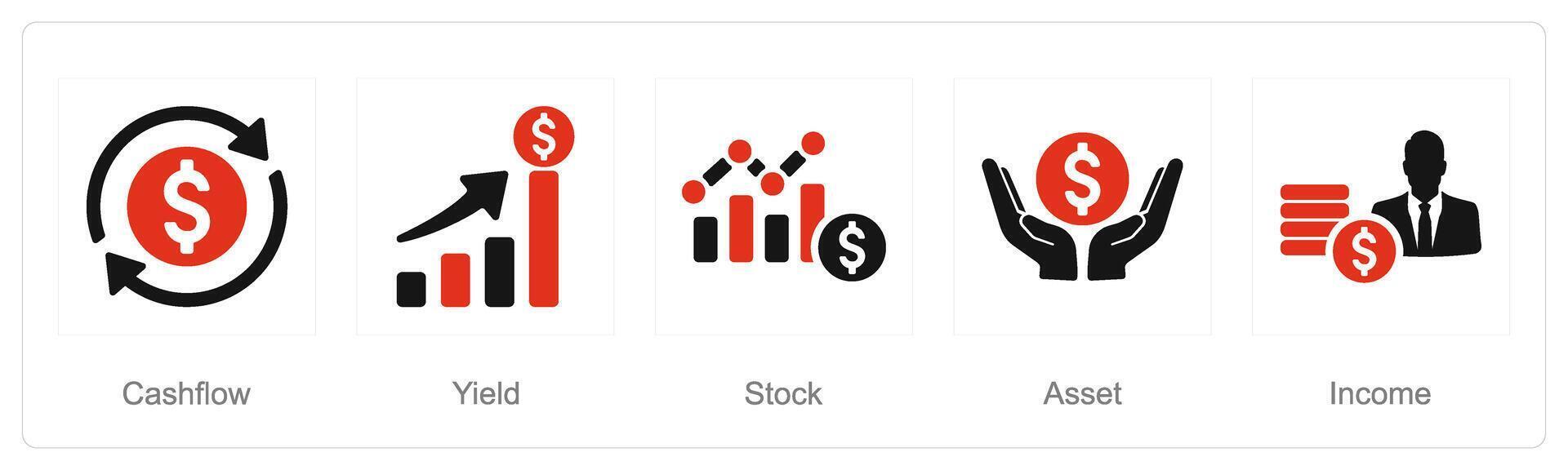 un conjunto de 5 5 inversión íconos como flujo de fondos, producir, valores vector