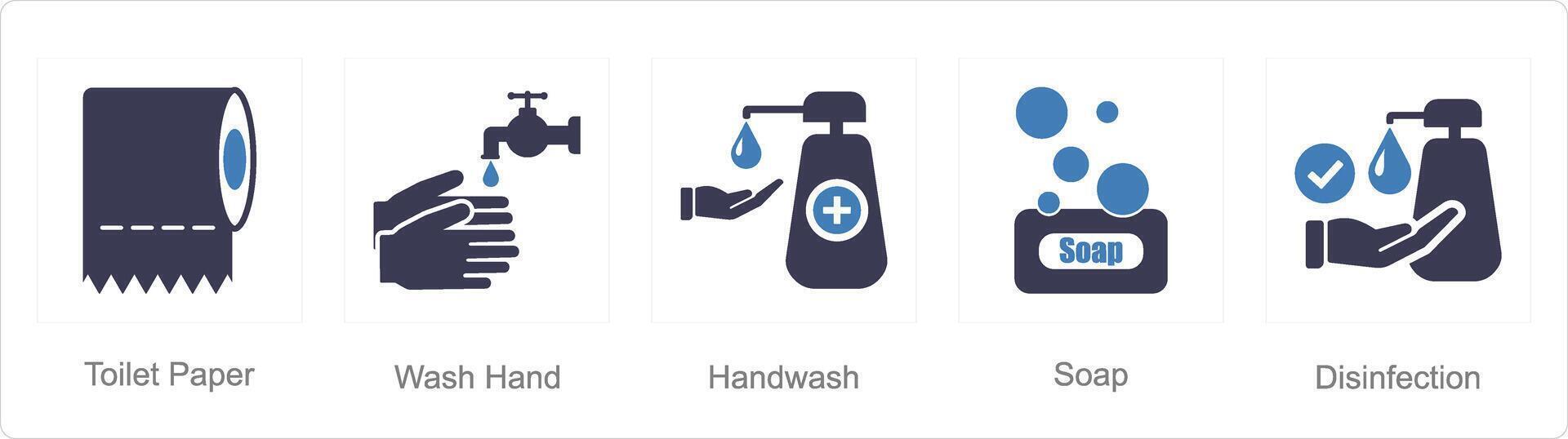 A set of 5 Hygiene icons as toilet paper, wash hand, hand wash vector