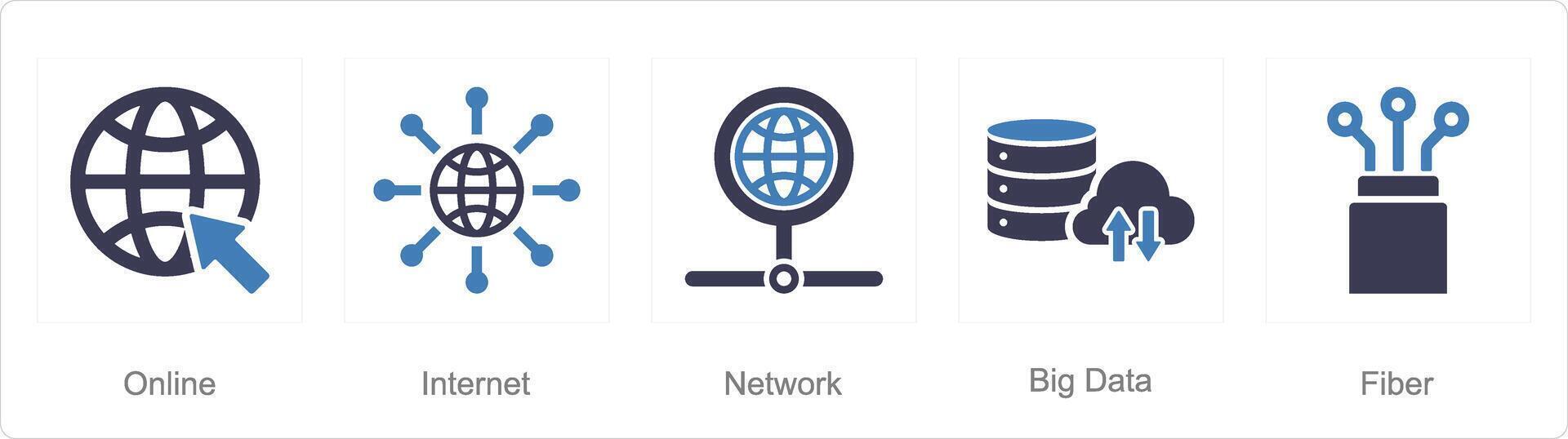 A set of 5 Internet Computer icons as online, internet, network, big data vector