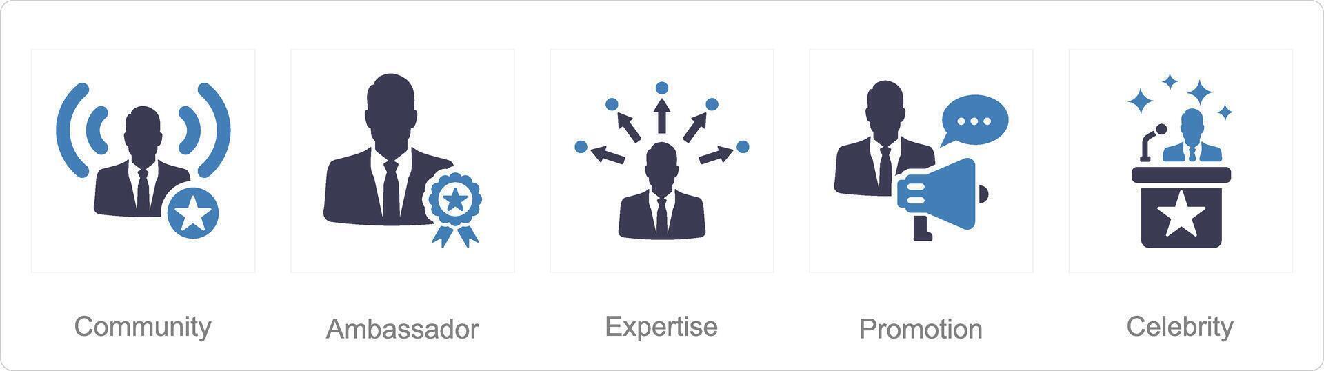 A set of 5 Influencer icons as influencer, ambassador, expertise vector