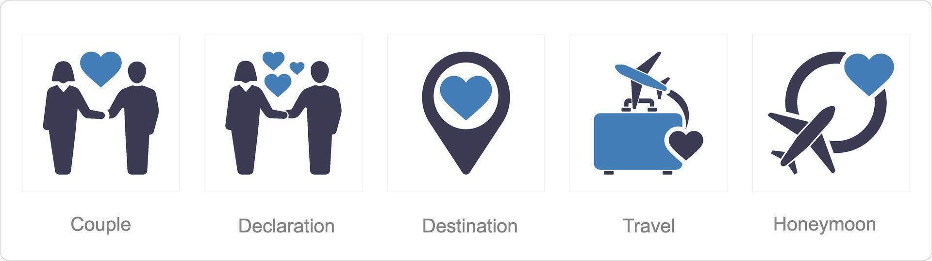 A set of 5 Honeymoon icons as couple, declaration, destination vector