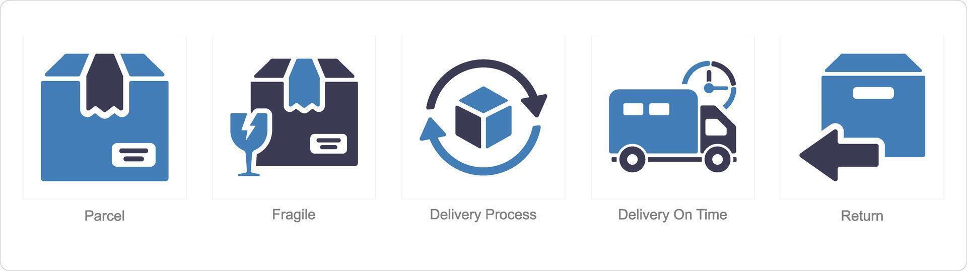 A set of 5 delivery icons as parcel, fragile, delivery process vector