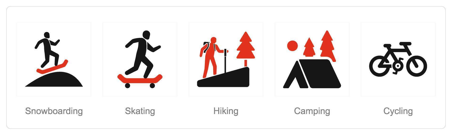 A set of 5 Hobby icons as snowboarding, skating, hiking vector