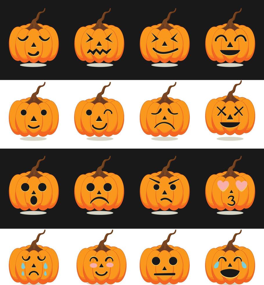 conjunto de emoji Víspera de Todos los Santos calabaza emoticon personaje caras. conjunto de Víspera de Todos los Santos calabazas vector