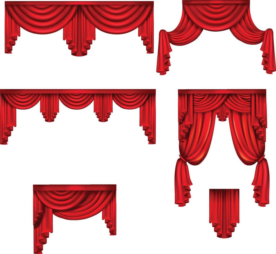 Red curtains. Set realistic luxury curtain cornice decor domestic fabric interior drapery textile vector