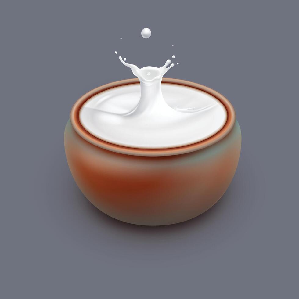 Natural organic milk pouring in clay bowl with big splash isolated vector realistic illustration.