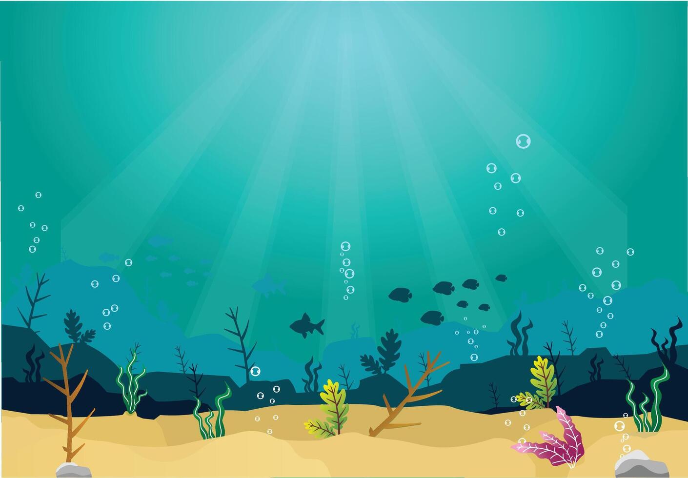 silhouette of coral reef with fish and divers on blue sea background underwater vector illustration