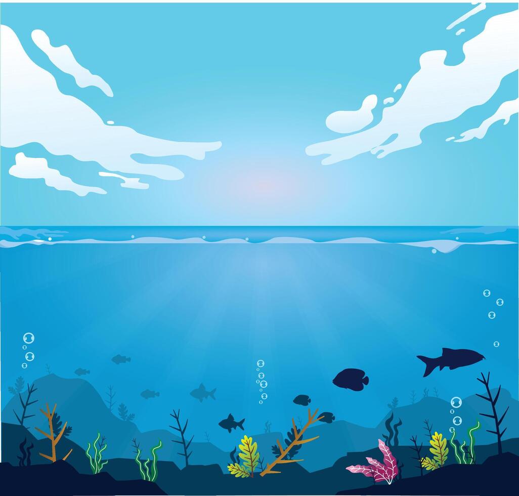 silhouette of coral reef with fish and divers on blue sea background underwater vector illustration