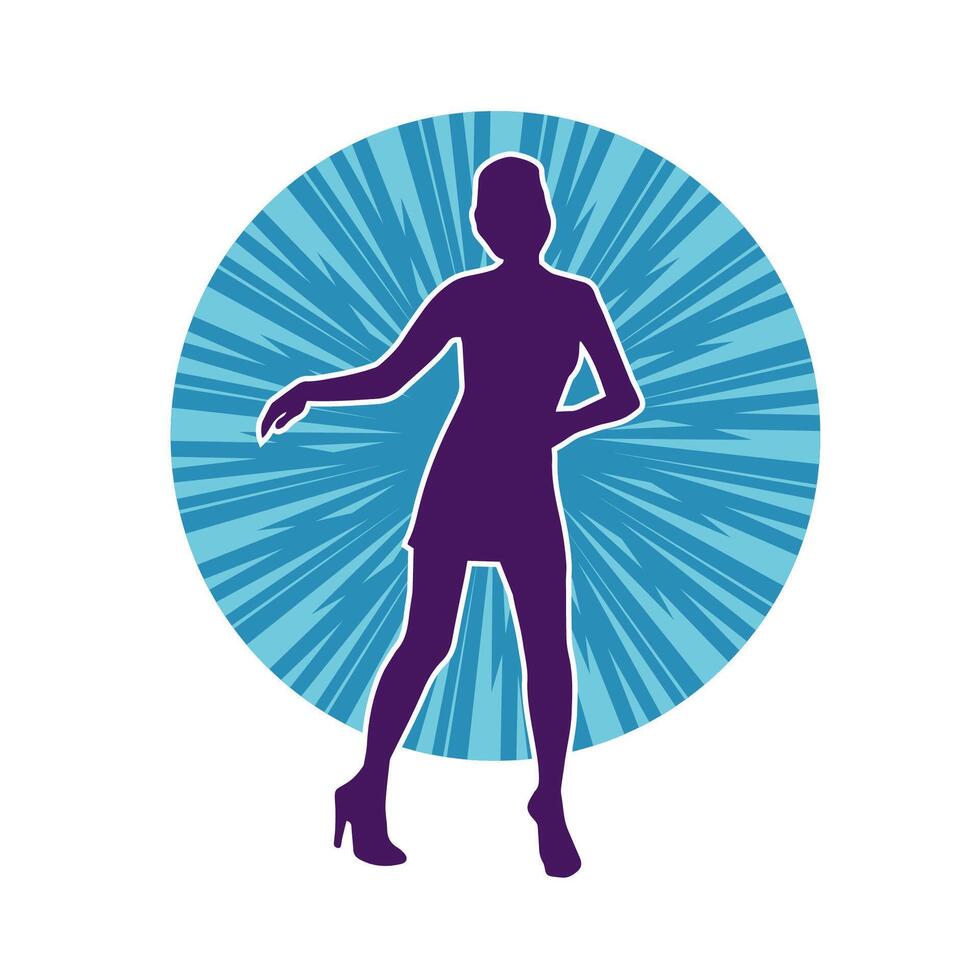 Silhouette of a female dancer wearing mini skirt in action pose. Silhouette of a slim woman dancing happily. vector