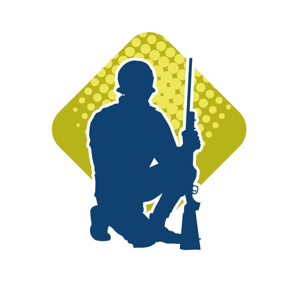 Silhouette of a male soldier carrying machine gun weapon. vector