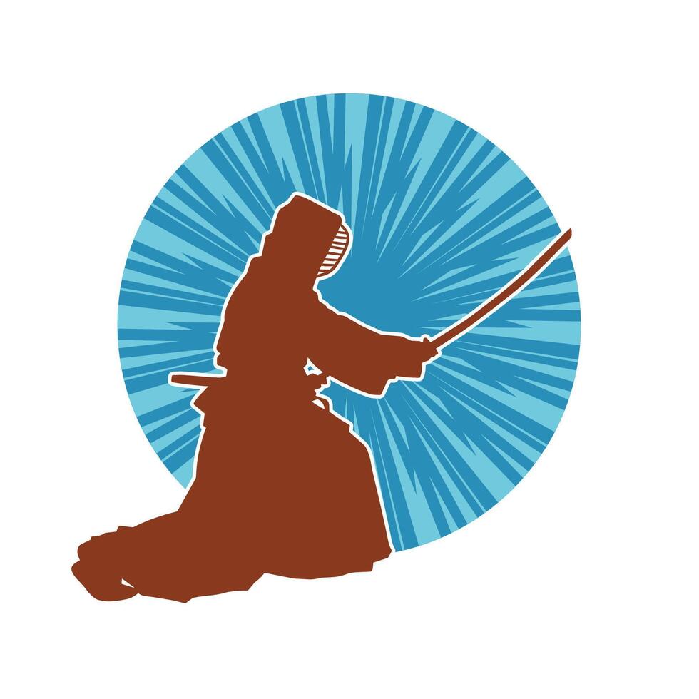 Silhouette of a sword warrior in action pose. Silhouette of a martial art person carrying sword weapon. Silhouette of kendo martial art pose. vector