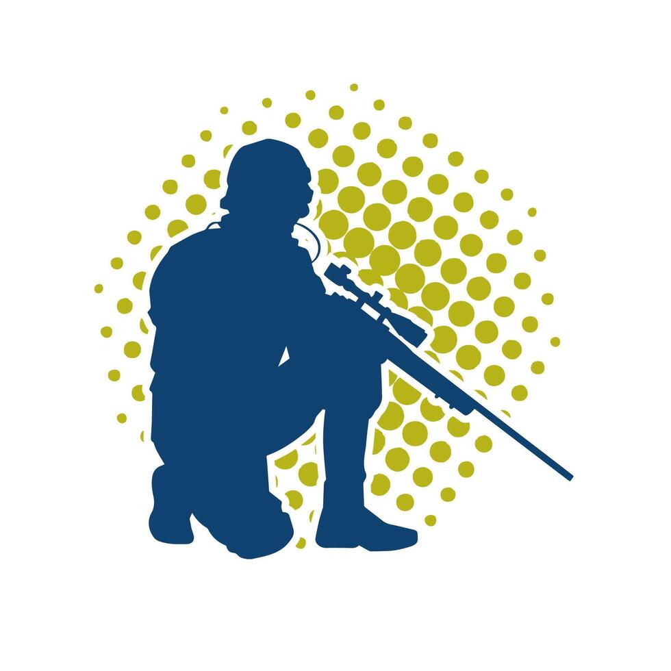 Silhouette of a male soldier carrying machine gun weapon. Silhouette of a sniper shooter in action. vector