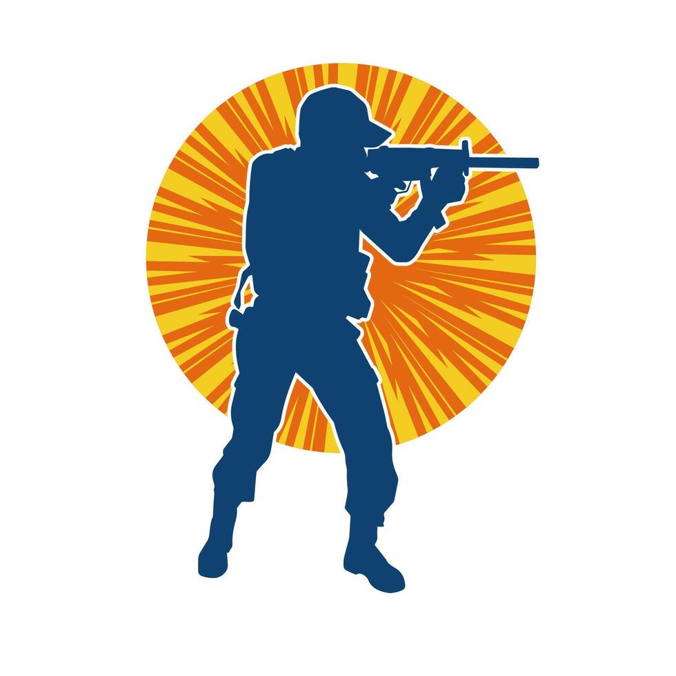 Silhouette of a male soldier carrying machine gun weapon. vector