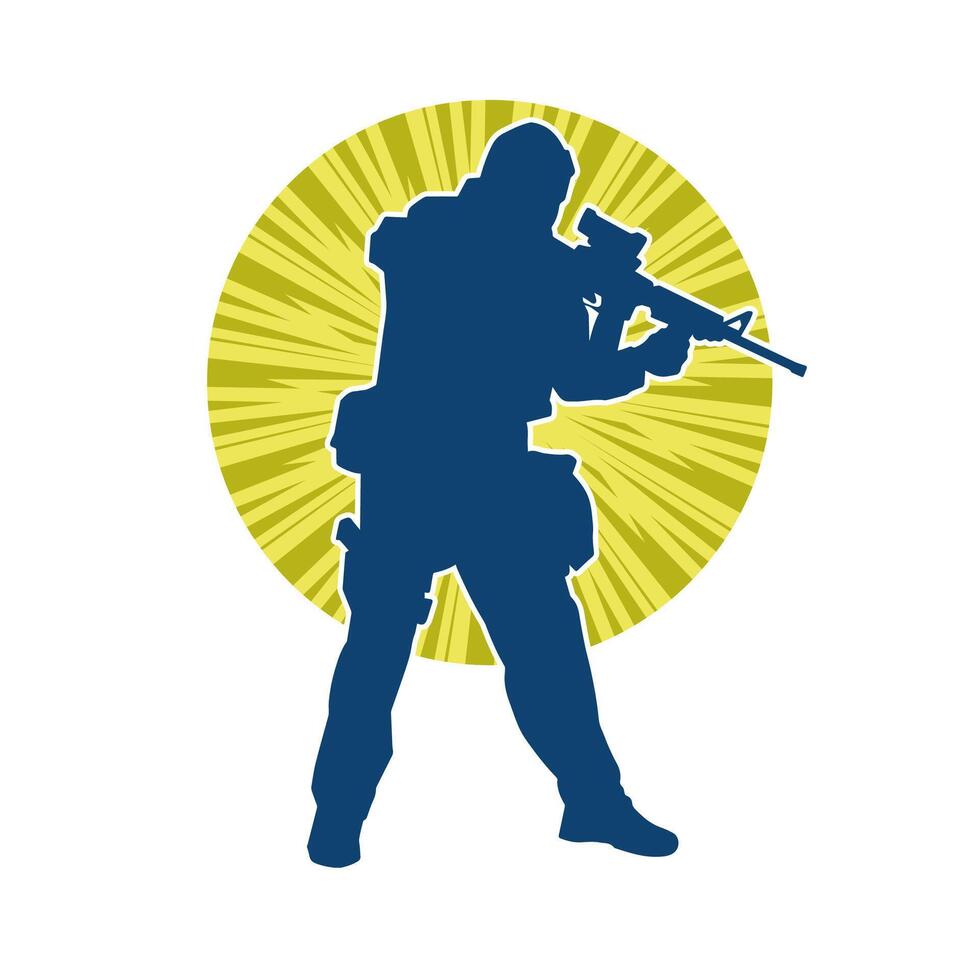 Silhouette of a male soldier carrying machine gun weapon. vector