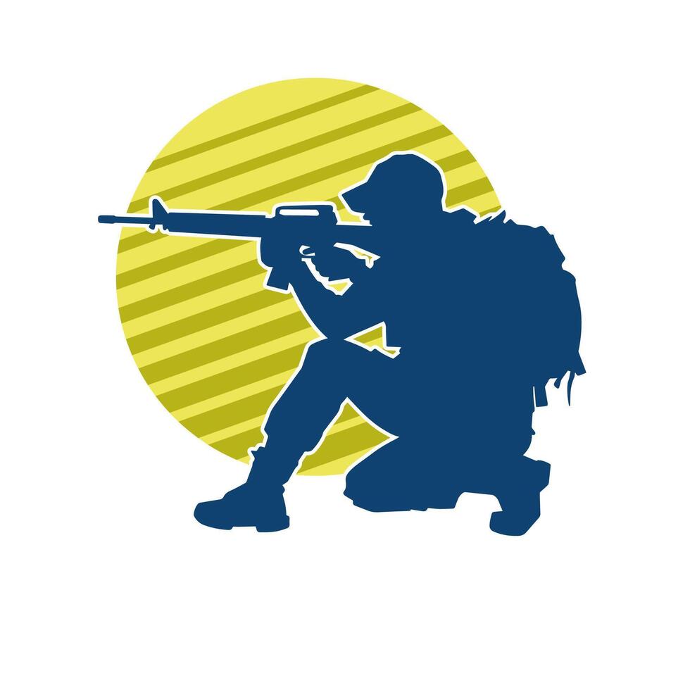 Silhouette of a male soldier carrying machine gun weapon. vector