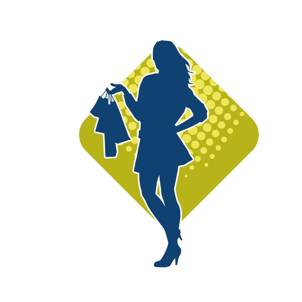 Silhouette of a slim young woman carrying shopping bags. vector