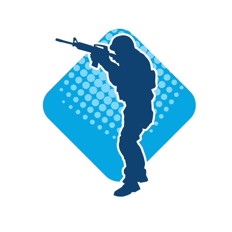 Silhouette of a male soldier carrying machine gun weapon. Silhouette of a sniper shooter in action. vector