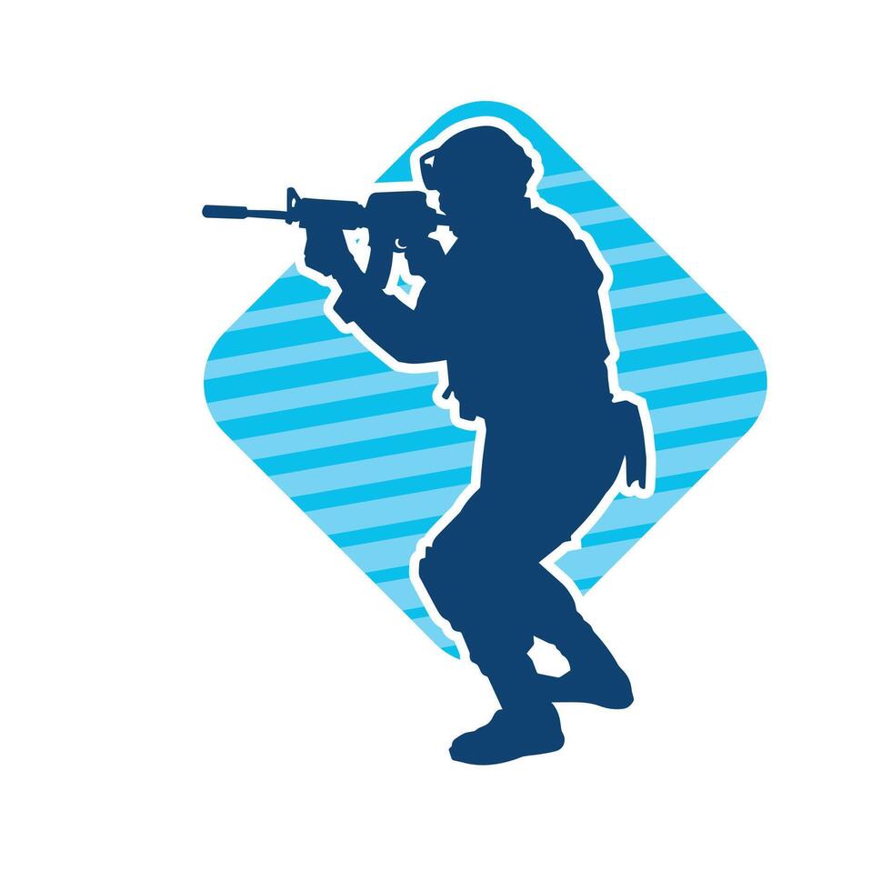 Silhouette of a male soldier carrying machine gun weapon. Silhouette of a sniper shooter in action. vector