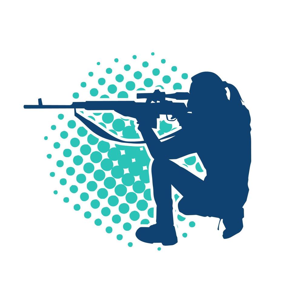 Silhouette of a female shooter firing sniper long barrel rifle gun weapon vector